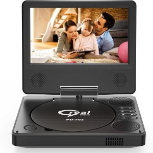 9.5" Portable DVD Player with 7.5" Swivel Display Screen, 5-Hour Built-in Rechargeable Battery, Car DVD Player for Kids and Car, Dual Speakers, Sync TV, Support SD Card/USB/Disc Regions Free