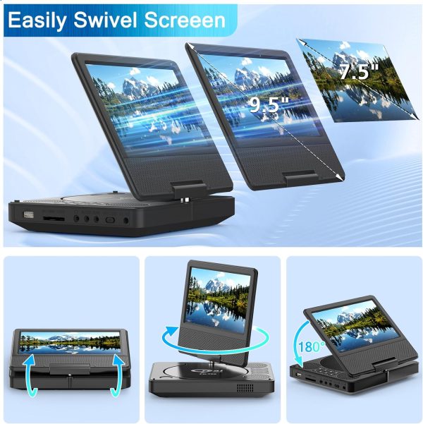 9.5" Portable DVD Player with 7.5" Swivel Display Screen, 5-Hour Built-in Rechargeable Battery, Car DVD Player,Supports SD Card/USB/CD/DVD and Multiple Disc Formats, High Volume Speaker - Image 5