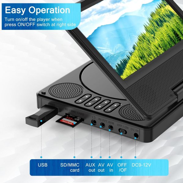 9.5" Portable DVD Player with 7.5" Swivel Display Screen, 5-Hour Built-in Rechargeable Battery, Car DVD Player,Supports SD Card/USB/CD/DVD and Multiple Disc Formats, High Volume Speaker - Image 6