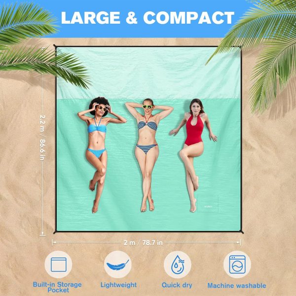 Beach Blanket Waterproof Sandproof Large Beach Mat 79" X 87", Quick Drying Durable Portable Lightweight Outdoor Nylon Picnic Blanket for Travel Camping Hiking, Green - Image 2