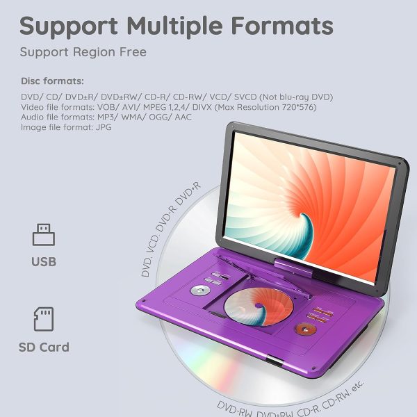 BOIFUN 17.5" Portable DVD Player with 15.6" Large HD Screen, 6 Hours Rechargeable Battery, Support USB/SD Card/Sync TV and Multiple Disc Formats, High Volume Speaker, Purple - Image 4