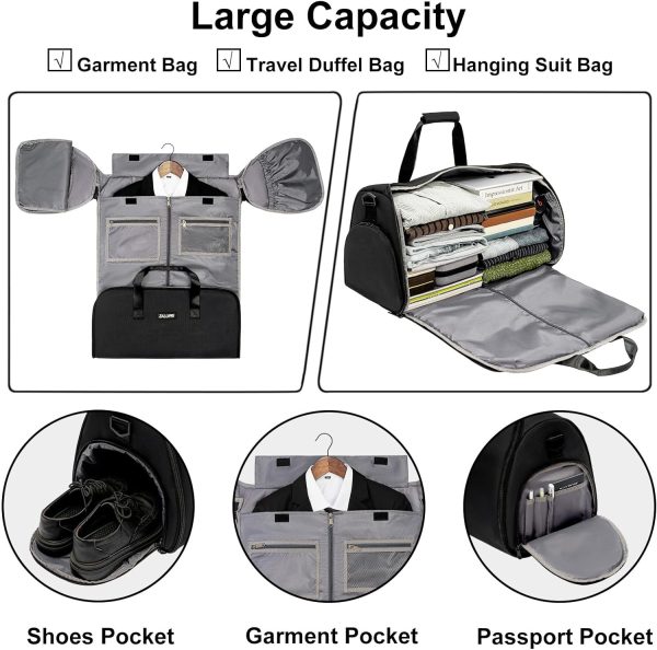 Convertible Garment Duffel Bag with Shoe Compartment,ZALUPRI Carry on Garment Bag for Men Women 2 in 1 Hanging Suitcase Suit Weekend Travel Bag, Black - Image 3