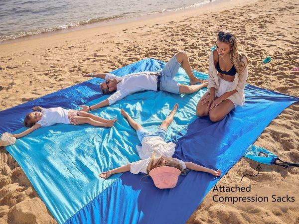 WEKAPO Beach Blanket Sandproof, Extra Large Beach Mat, Big & Compact Sand Free Mat Quick Drying, Lightweight & Durable with 6 Stakes & 4 Corner Pockets - Image 3