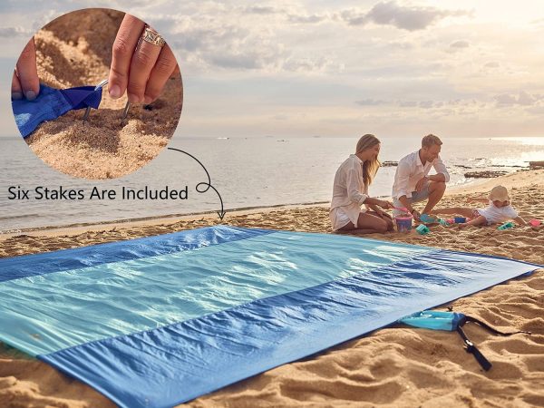 WEKAPO Beach Blanket Sandproof, Extra Large Beach Mat, Big & Compact Sand Free Mat Quick Drying, Lightweight & Durable with 6 Stakes & 4 Corner Pockets - Image 6